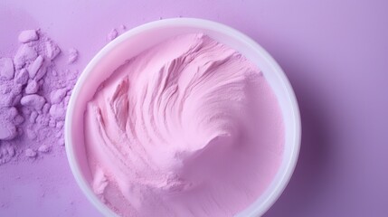 Poster -  a white bowl filled with pink paste next to a pile of pink powder on a purple background with a white bowl on the side of the bowl.  generative ai