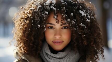 Sticker - Curly Haired Woman in Winter Snow