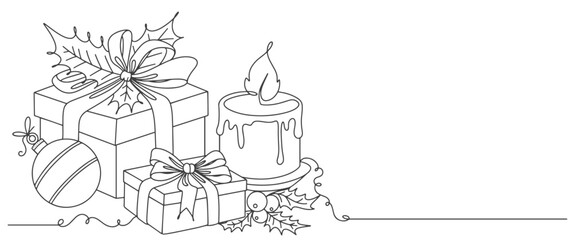 Wall Mural - line art drawing of gift box. Wrapped surprise package for christmas or new year celebration  party .Party and celebration. Gift box line art vector illustration