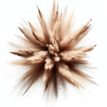 White Background Earth Representation Of The Four Element. Explosion Of Dirt, Sand, Powder