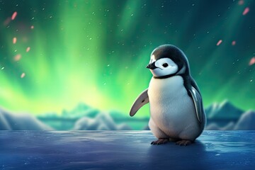 Poster -  a penguin is standing on the ice in front of an aurora bore.  generative ai