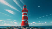 A Bright Red Lighthouse Illuminated Against A Pale Blue Sky