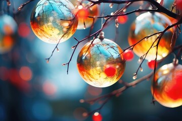 Poster -  a bunch of glass balls hanging from a tree branch with red berries on it.  generative ai