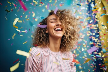 Wall Mural - Young woman blowing confetti