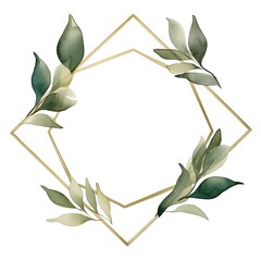 Watercolor geometry shape wreath with green leaf.