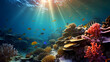 Underwater tranquility showcasing rays of sunlight filtering through highlighting vibrant coral and fish.
