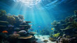 Underwater tranquility showcasing rays of sunlight filtering through highlighting vibrant coral and fish.