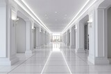 Fototapeta Perspektywa 3d - Interior design of a modern luxurious white building corridor or hallway with waiting seat.