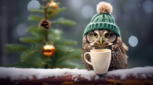 A Cheerful Cute Owl In A Knitted Hat Against The Background Of A Winter Forest With Fir Trees, Snow And Colorful Lights. Postcard For The New Year Holidays.