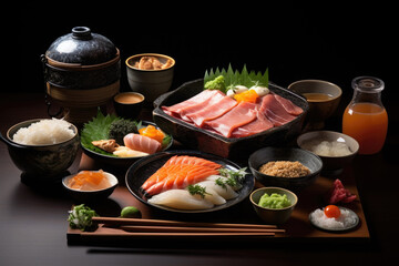 Wall Mural - Traditional Japanese breakfast. Different Asian dishes on table