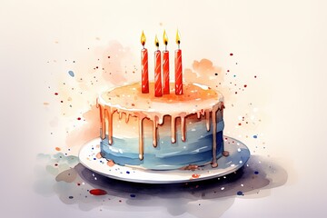 Colorful Birthday Cake with Unlit Candles on White Plate