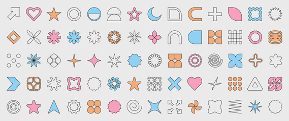 Poster - Set of outline abstract geometric shapes and forms. Brutal contemporary figures, stars, flowers and other primitive elements. Trendy vector Y2K signs and symbols big set in color and outline.