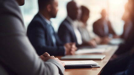 Wall Mural - Close-up of a diverse group of professionals in a boardroom meeting, multicultural business people, with copy space, blurred background