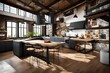 Artistic loft kitchen with a creative layout, unique artwork, and an artsy atmosphere.