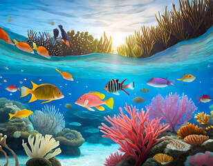 Wall Mural - beautiful underwater scenery with various types of fish and coral reefs