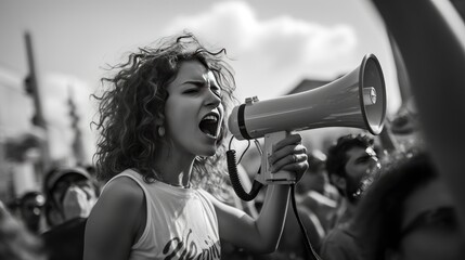 young woman at a protest with a megaphone