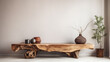 Elegant live wood bench with beige interior wall, Boho chic furniture design | Generative AI