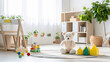 Interior of child room with teddy bear and wooden toy blocks