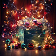 A box full of tangled and colorful fairy lights and other christmas ornaments and decorations