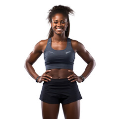 Wall Mural - Black female athlete standing up, body view, smiling