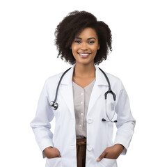 Black female doctor standing up, body view, smiling