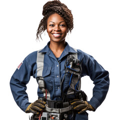 Wall Mural - Black female electrician standing up, body view, smiling