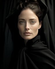 A fierce woman with dark fashion sense dons a black cape, her portrait exuding confidence as her arched eyebrow and bold lip complete the daring look