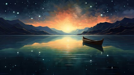 Sticker -  a painting of a boat floating on a lake at night.  generative ai