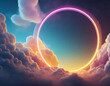 d render, abstract geometric background, ring shape glows with neon light inside the soft colorful cloud, fantasy sky with blank linear round frame