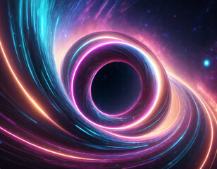 d render, abstract cosmic background with galaxy and stars. Round vortex. Pink blue neon lines spinning around the black hole 