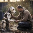 Man petting a futuristic AI robot dog