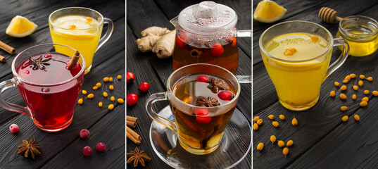 Wall Mural - Collage of hot drinks. Drink with dog rose, ginger, sea buckthorn, cranberry and spice in the glass cup on the black wooden background.