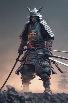 Ghost Samurai, samurai warrior bound by a ghostly curse, wearing shabby samurai armor