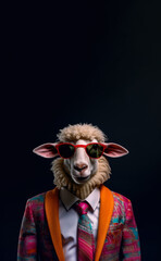 Canvas Print - Cool looking sheep wearing funky fashion dress - jacket, shirt, tie, dark shades sunglasses. Vertical banner with copy space above. Stylish animal posing. Generative AI