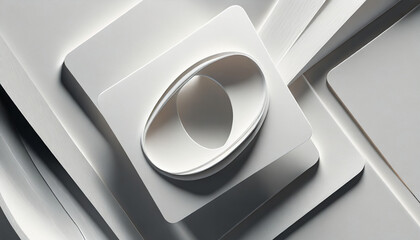 d render, abstract white geometric background, minimal flat lay, twisted deck of square blank cards with rounded corners