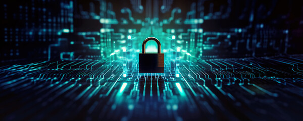 padlock over glowing abstract electronic circuit background, wide banner - cyber security concept. g