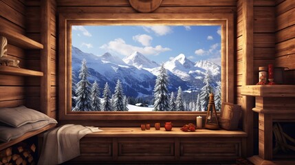 Canvas Print -  a window view of a snowy mountain range in a cabin.  generative ai