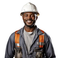 Wall Mural - Black male engineer standing up, body view, smiling