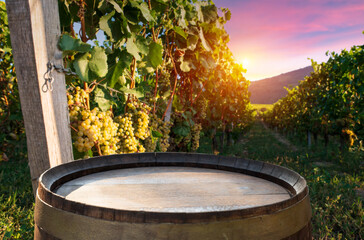 Wall Mural - Red wine bottle and wine glass on wodden barrel. Beautiful Tuscany background. High quality photo