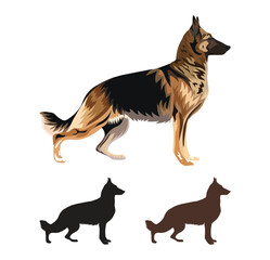 Wall Mural - German shepherd dog portrait. Sticker on a white background. Cute detailed mongrel Drawing. Cartoon style. Popular character. Black stroke, dog outlines. Brown silhouette. Flat style. Dog stickers set