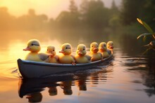 A Row Of Ducklings Following A Toy Boat In A Serene Pond