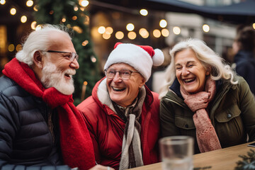 Vibrant seniors enjoying the festive season under glowing lights in a city street decorated for Christmas with genuine laughter and warmth of deep-rooted friendships.