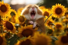 A Yawning Hamster With Cheeks Full, Nestled In A Pile Of Sunflowers
