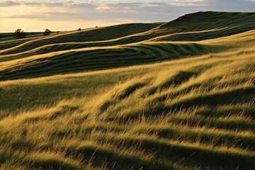 Wall Mural - Patterns of shadows and light on a rolling hill of prairie grass during sunset