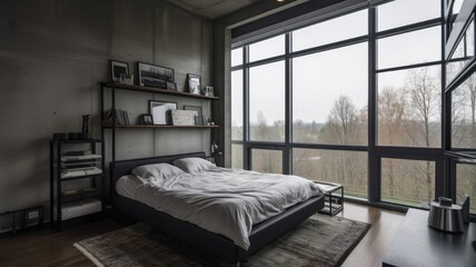 Wall Mural - Bedroom decor, home interior design . Modern Industrial style with Large Floor-to-Ceiling Windows decorated with Concrete and Metal material . Generative AI AIG26.