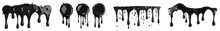 Collection Of Black Paint Splashes, Falling Or Pouring With Drops And Spray Droplets, Side And Top View. Crude Oil. Isolated On A Transparent Background. PNG Cutout Or Clipping Path.