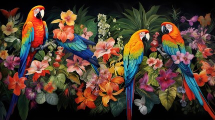 Canvas Print -  a painting of three parrots sitting on a branch of flowers.  generative ai