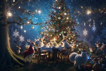 Magical, Enchanted Forest Where The Trees Themselves Are Adorned With Twinkling Lights And Baubles, As Woodland Creatures Gather For A Secret, Illuminated Christmas Feast