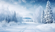 A Snowy Road Leading Through A Snowy Forest. An Inhospitable Winter Landscape With A Snowy Road.