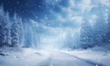 Beautiful Landscape With Cold Winter Forest With Snowdrifts, Light Snowfall And Snow-covered Road Stretching Into The Distance.